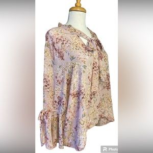 Career Blouse Rounded Neckline Ties Split Flutter Sleeves Mauve Tan Sz 2XL